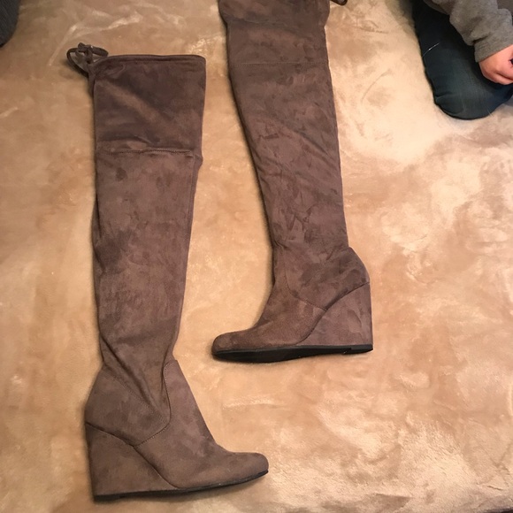 Shoes - Suede Over the Knee Wedge Boots